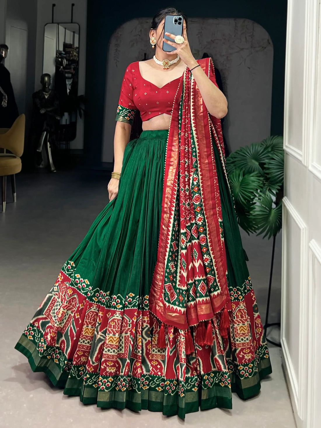Astonishing Green Patola Printed Tussar Silk Traditional Lehenga Choli - Zeel Clothing