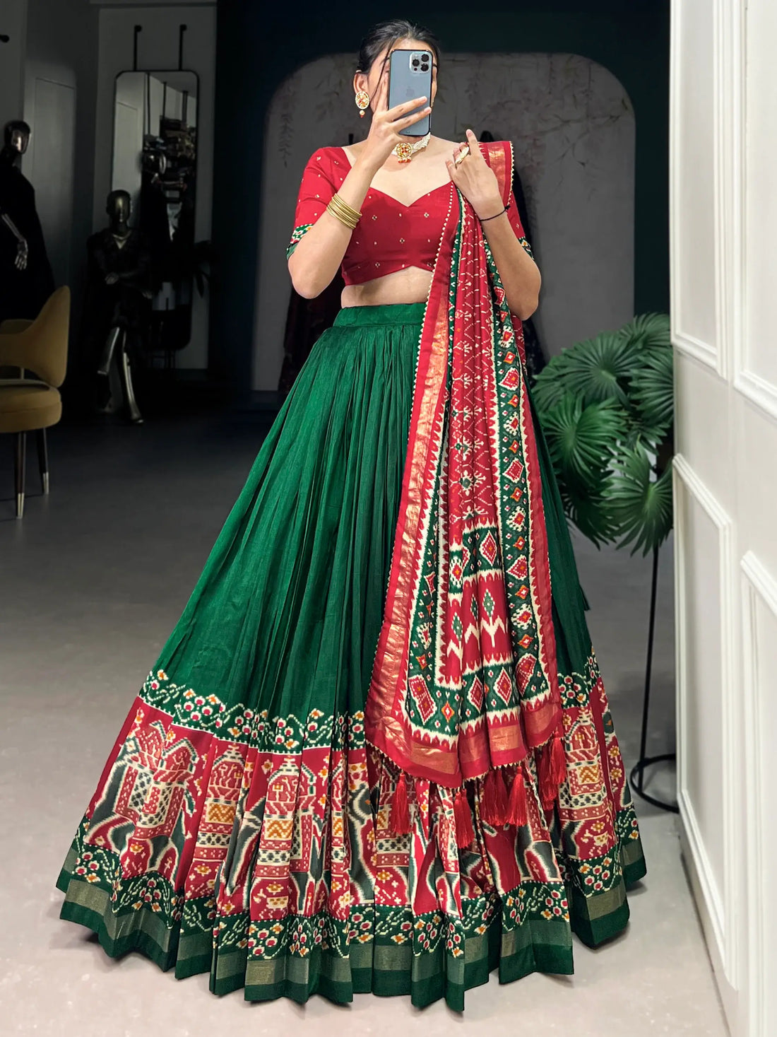 Astonishing Green Patola Printed Tussar Silk Traditional Lehenga Choli - Zeel Clothing