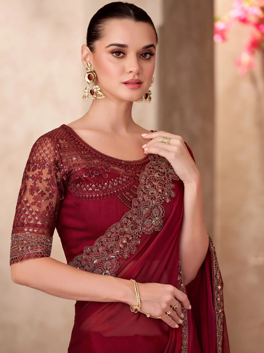 Astonishing Maroon Border Work Chiffon Wedding Wear Saree With Blouse - Zeel Clothing