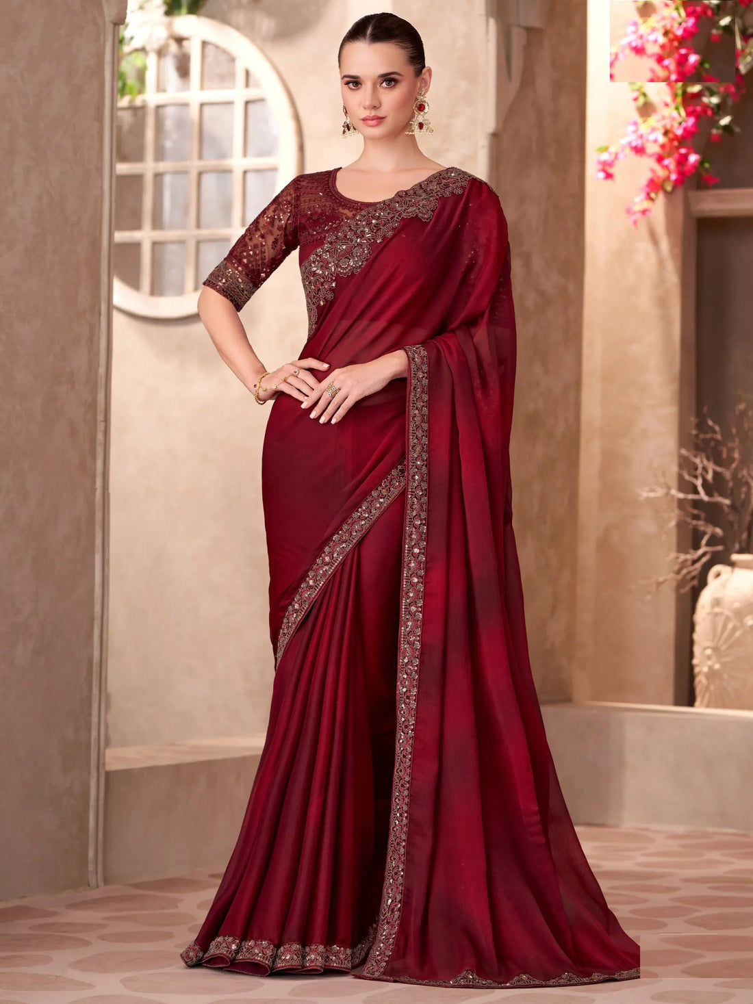 Astonishing Maroon Border Work Chiffon Wedding Wear Saree With Blouse - Zeel Clothing