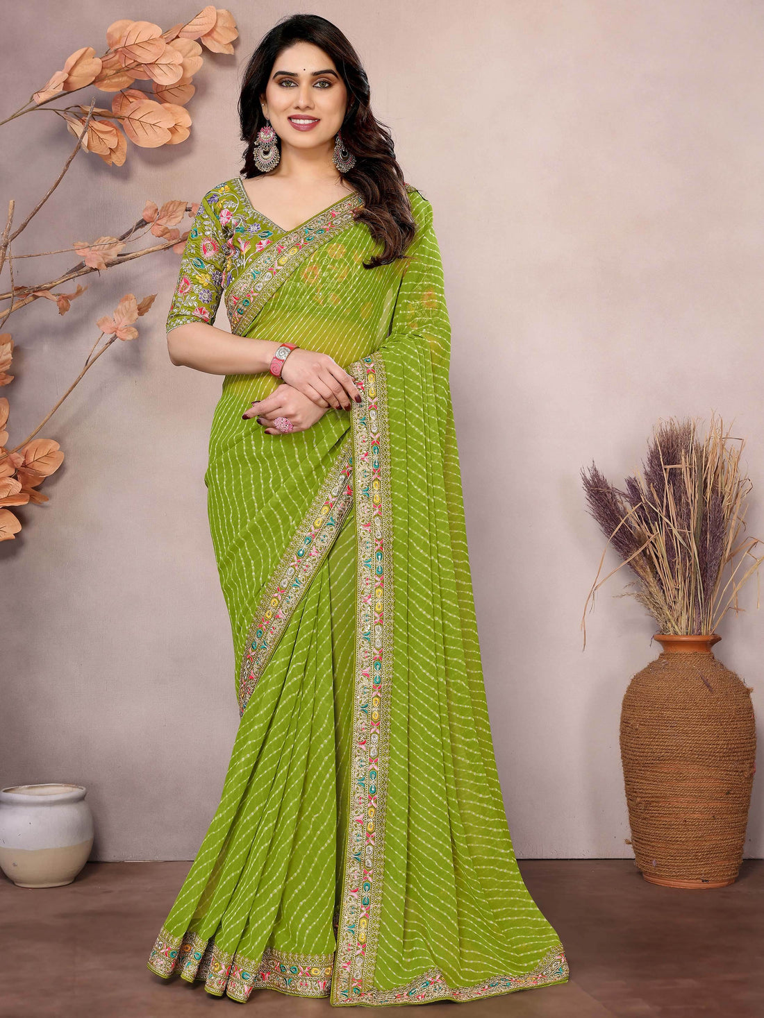 Astonishing Parrot Green Embroidered Georgette Saree With Blouse - Zeel Clothing