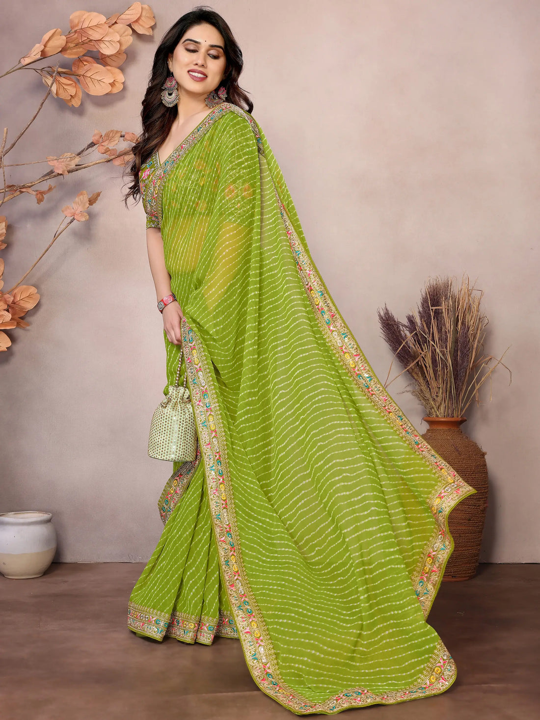 Astonishing Parrot Green Embroidered Georgette Saree With Blouse - Zeel Clothing