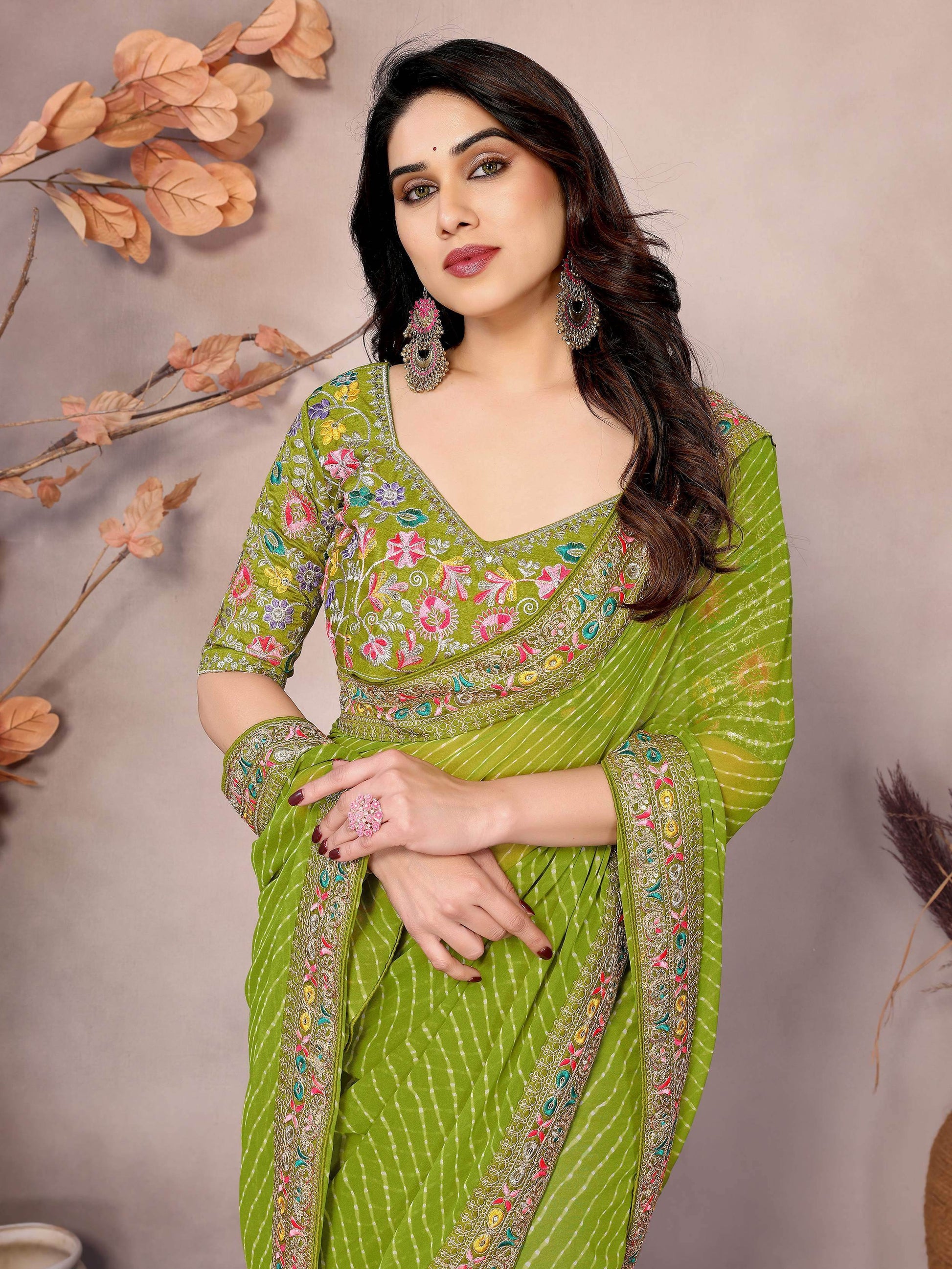 Astonishing Parrot Green Embroidered Georgette Saree With Blouse - Zeel Clothing