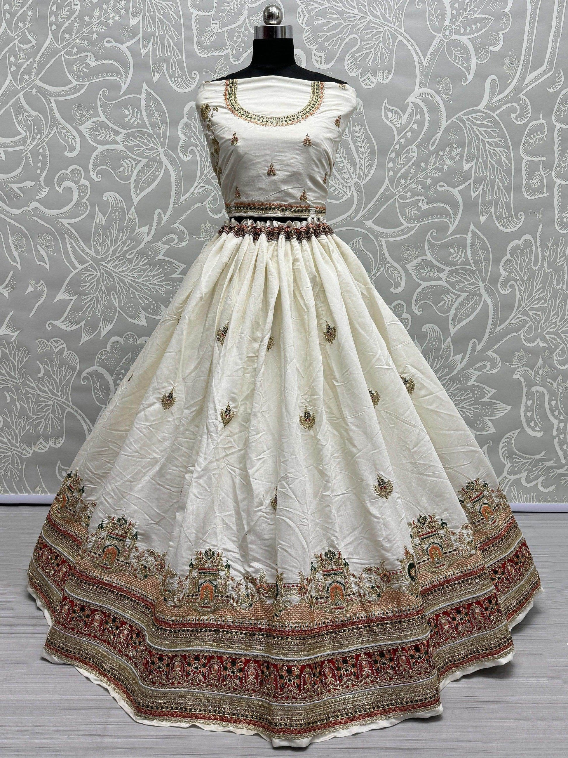 Astonishing White Thread-Work Silk Lehenga Choli With Dupatta - Zeel Clothing