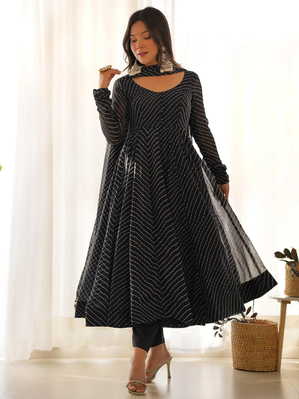 Attractive Black Laheriya Printed Georgette Festival Wear Anarkali Suit - Zeel Clothing