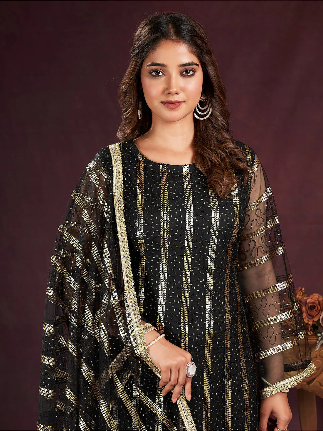 Attractive Black Sequins Net Reception Wear Salwar Kameez With Dupatta - Zeel Clothing