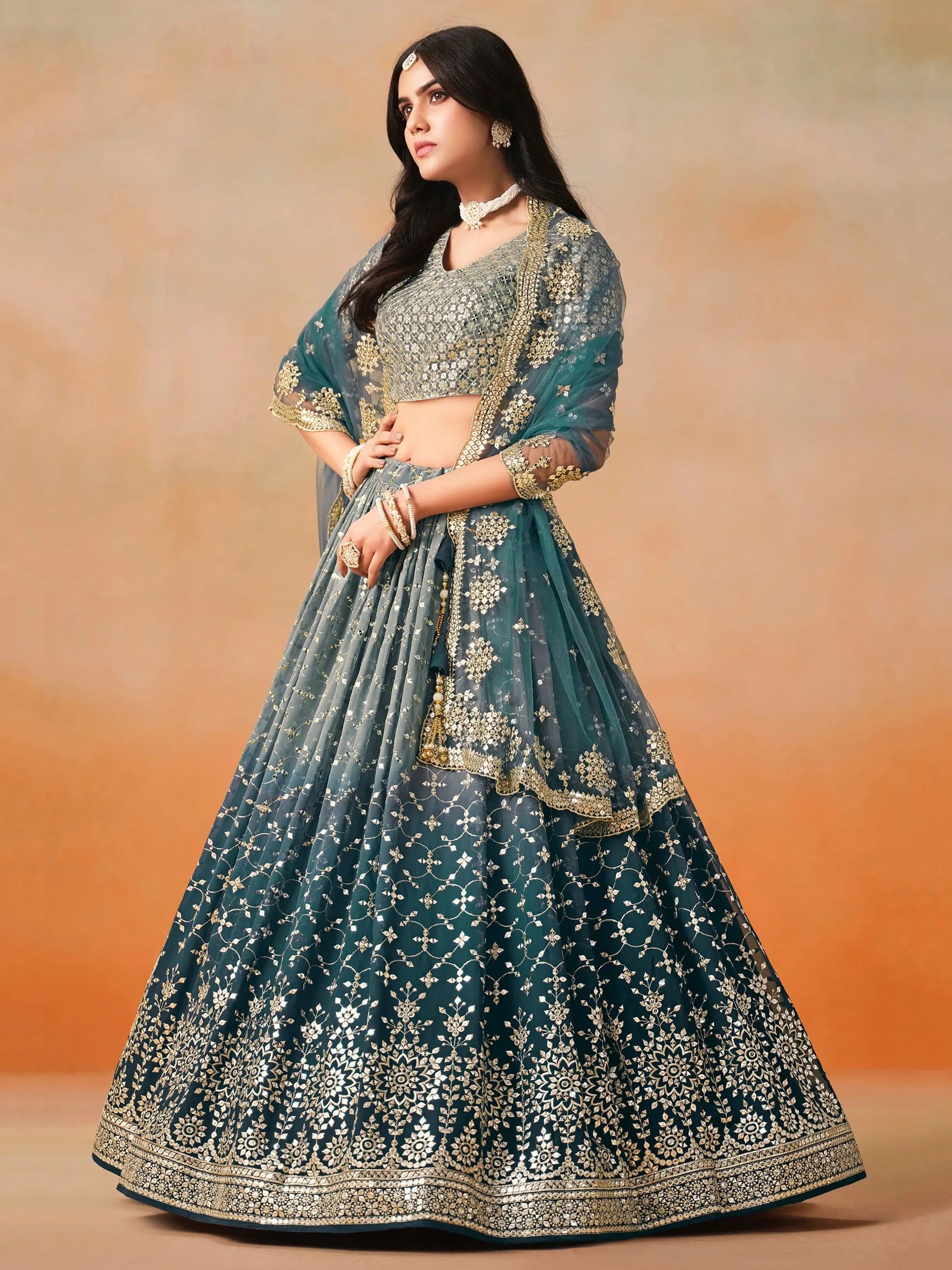 Attractive Dove Blue Zari Embroidered Shaded Lehenga Choli - Zeel Clothing