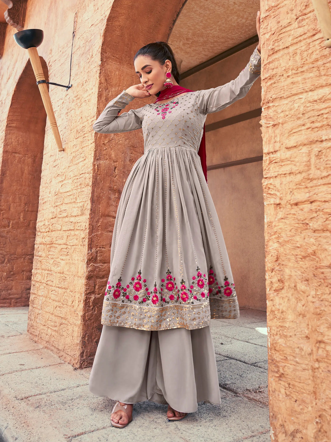 Attractive Grey Embroidered Georgette Readymade Palazzo Suit - Zeel Clothing