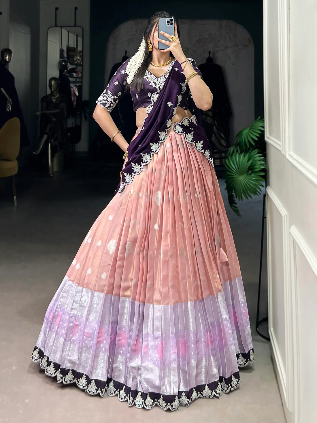 Attractive Peach Zari Weaving Silk Event Wear Half Saree Lehenga - Zeel Clothing