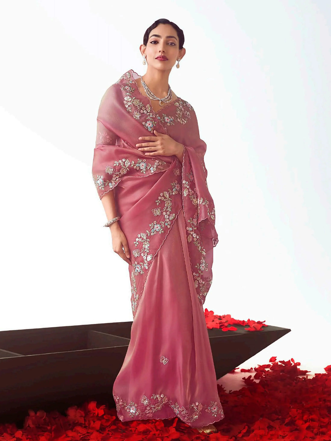 Attractive Pink Zari Embroidery Organza Party Wear Saree With Blouse - Zeel Clothing