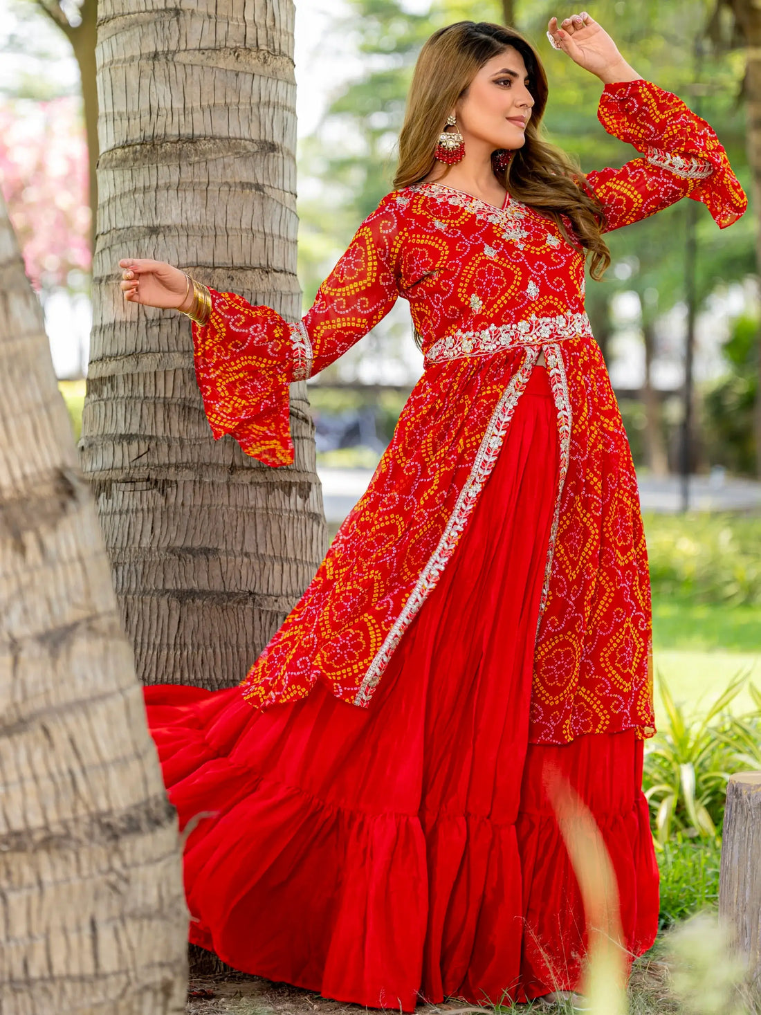 Attractive Red Bandhni Print Georgette Wedding Wear Lehenga With Long Top - Zeel Clothing