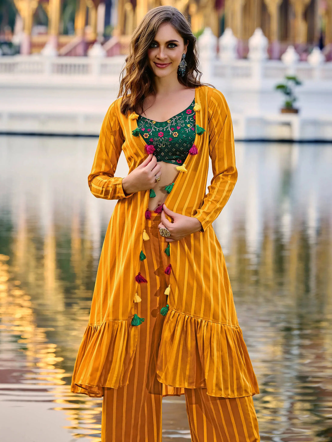 Attractive Yellow Embroidered Georgette Palazzo Suit With Jacket - Zeel Clothing