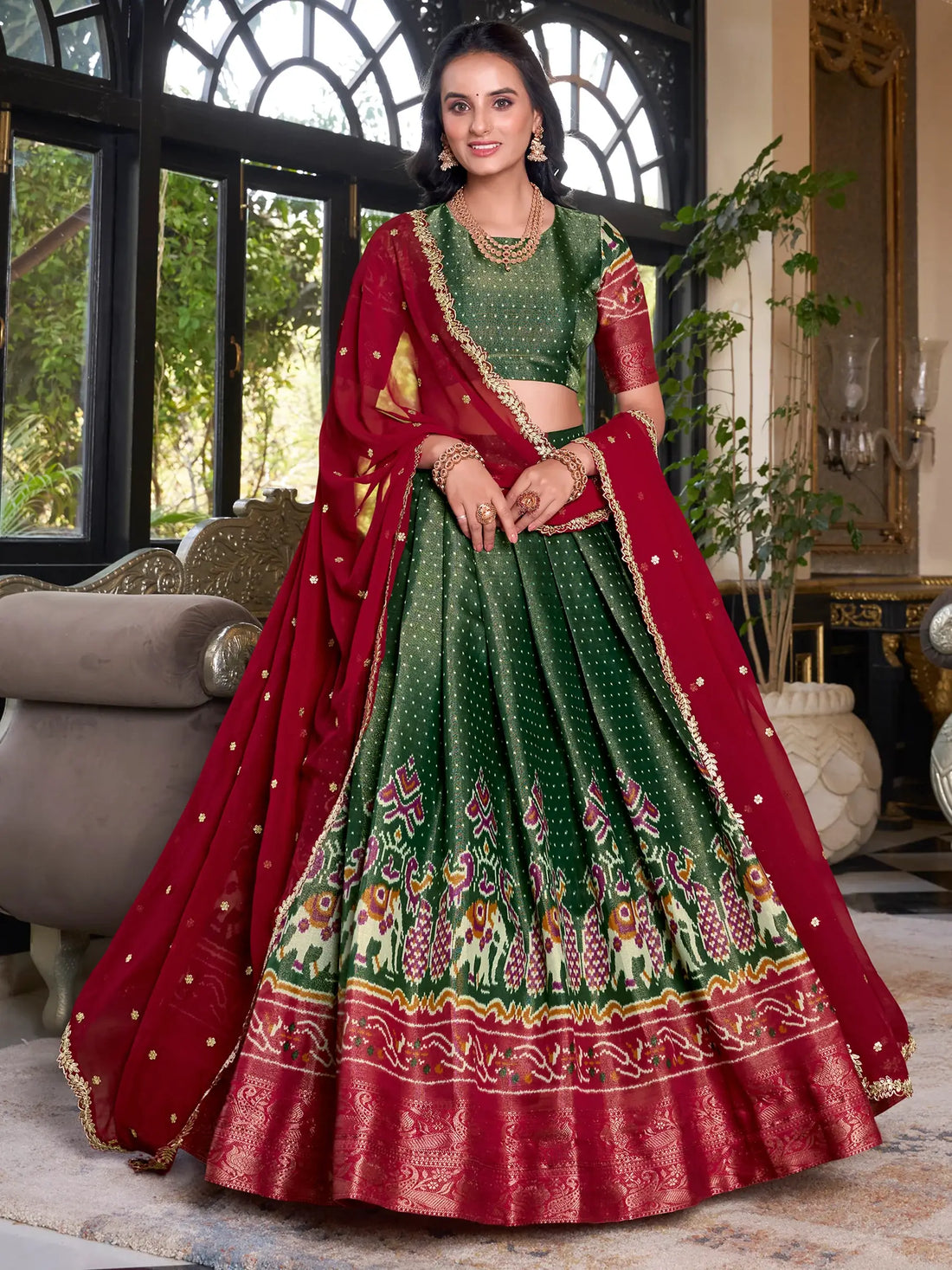 Awesome Green Patola Printed Kanchipuram Wedding Lehenga Choli - Zeel Clothing