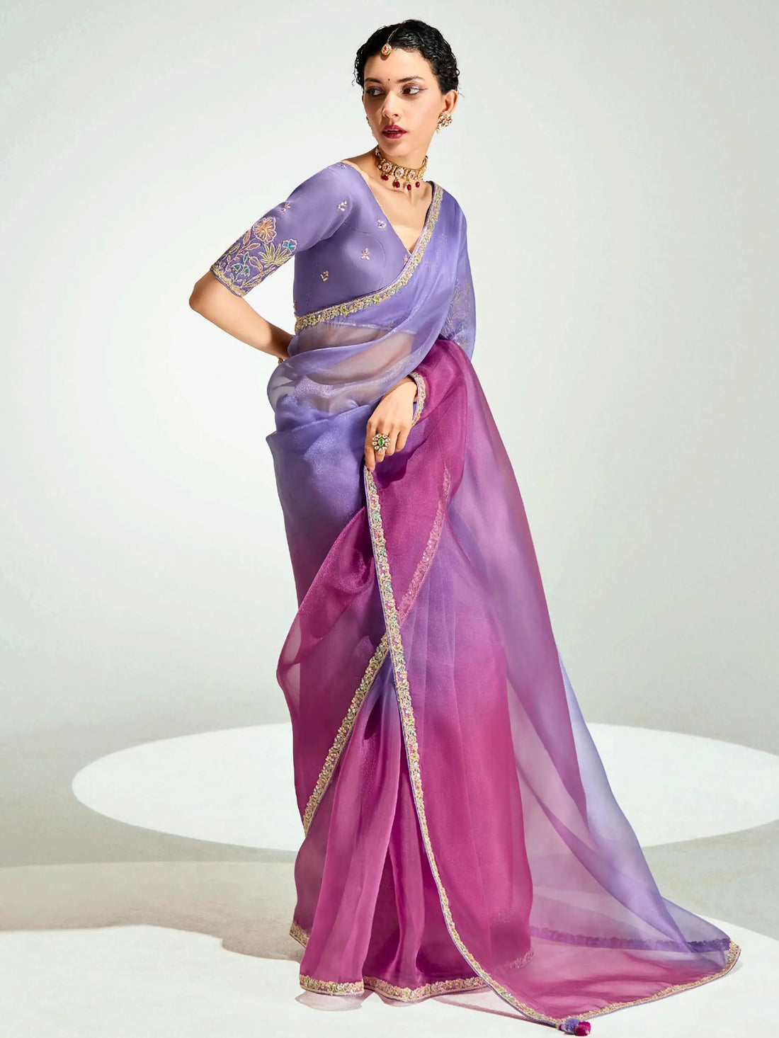 Awesome Lavender Thread Border Work Organza Party Wear Saree With Blouse - Zeel Clothing
