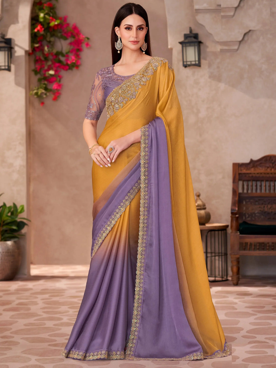 Awesome Mustard Yellow Border Work Chiffon Haldi Wear Saree With Blouse - Zeel Clothing