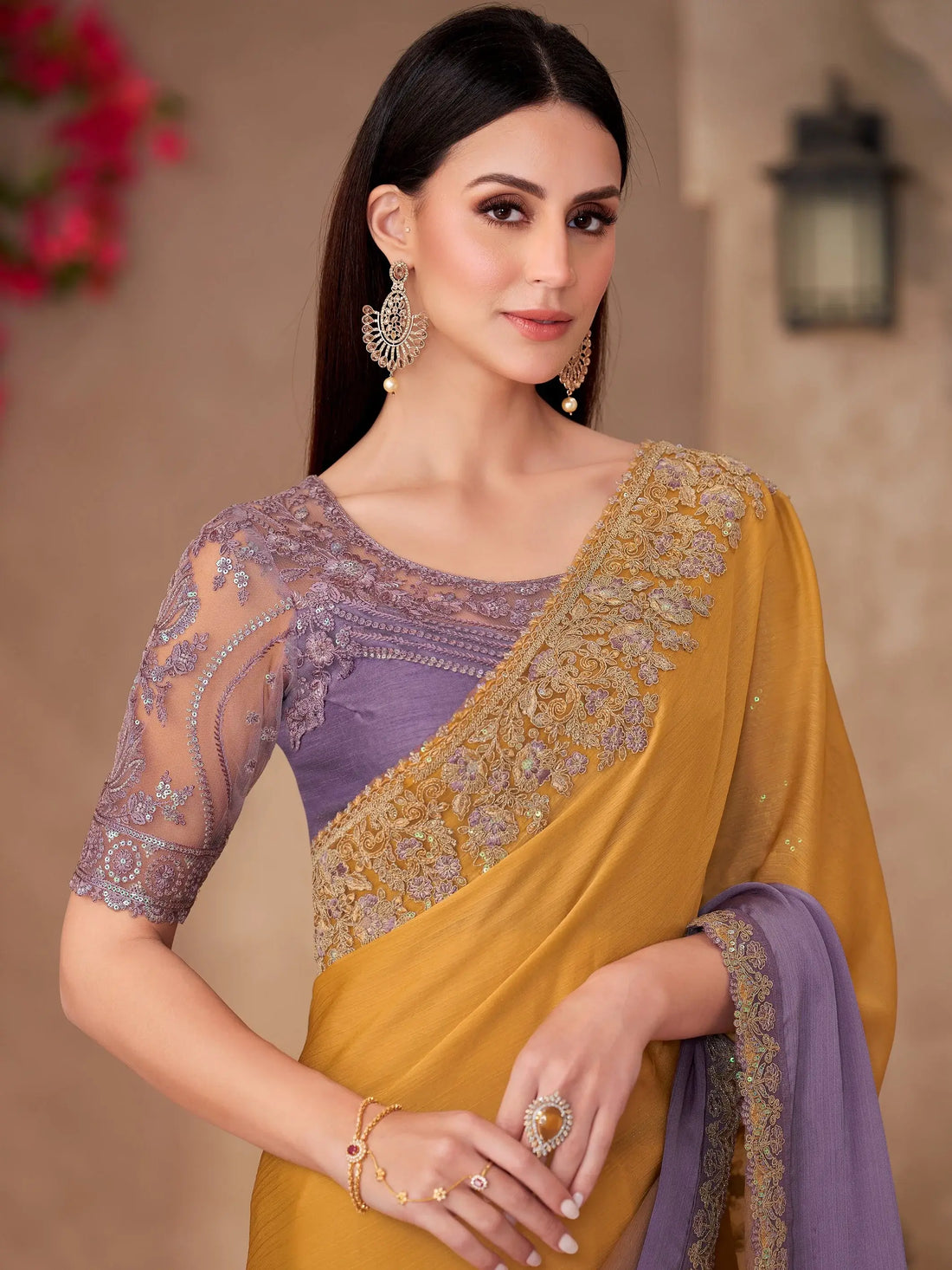 Awesome Mustard Yellow Border Work Chiffon Haldi Wear Saree With Blouse - Zeel Clothing