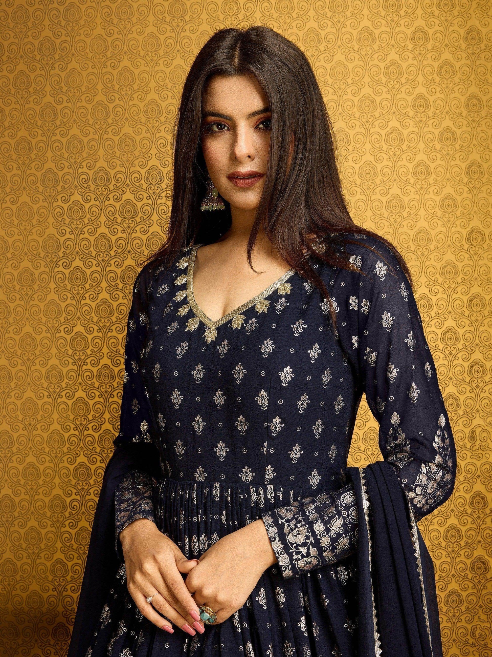 Awesome Navy Blue Foil Work Georgette Gown With Dupatta - Zeel Clothing