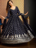 Awesome Navy Blue Foil Work Georgette Gown With Dupatta - Zeel Clothing