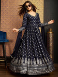 Awesome Navy Blue Foil Work Georgette Gown With Dupatta - Zeel Clothing