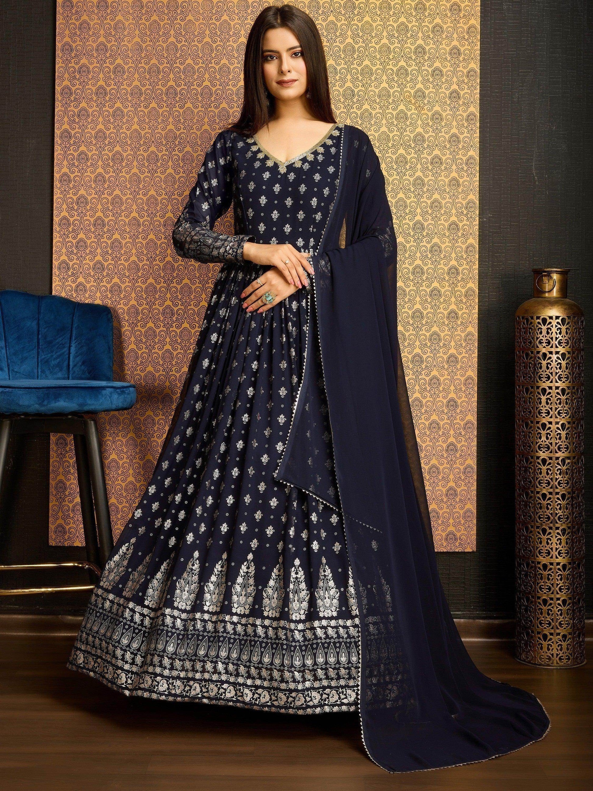 Awesome Navy Blue Foil Work Georgette Gown With Dupatta - Zeel Clothing