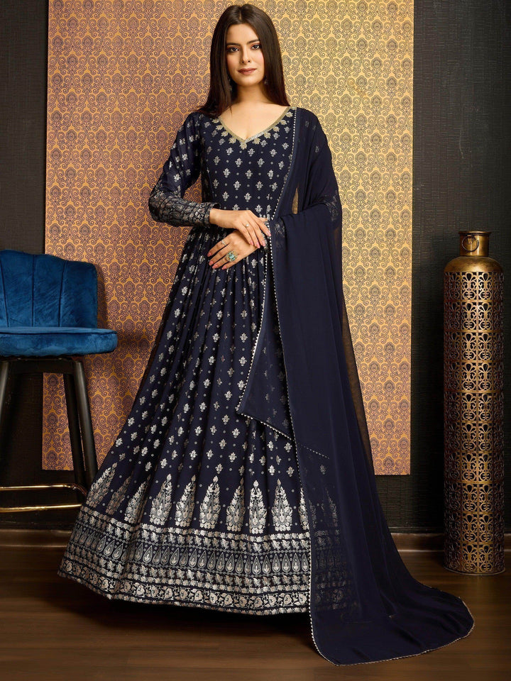 Awesome Navy Blue Foil Work Georgette Gown With Dupatta - Zeel Clothing