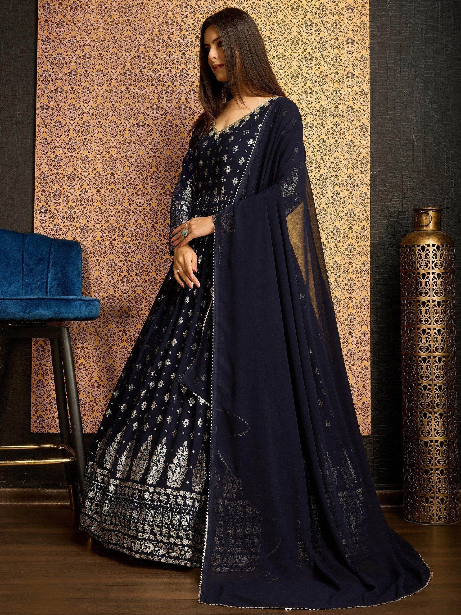 Awesome Navy Blue Foil Work Georgette Gown With Dupatta - Zeel Clothing