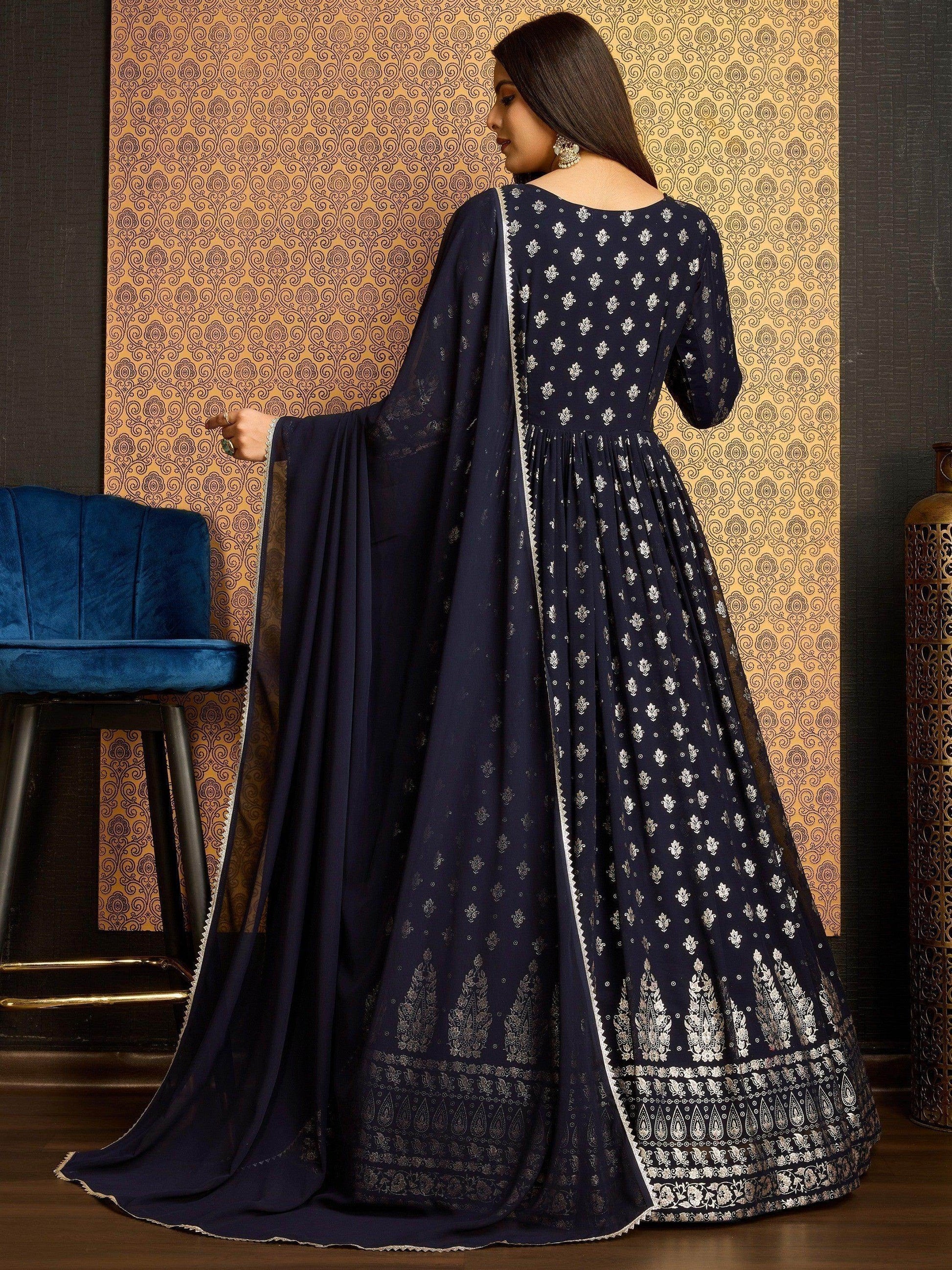 Awesome Navy Blue Foil Work Georgette Gown With Dupatta - Zeel Clothing