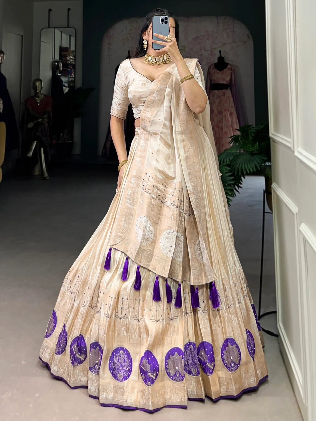 Awesome Off-White Mirror Work Silk Traditional Lehenga Choli With Dupatta - Zeel Clothing