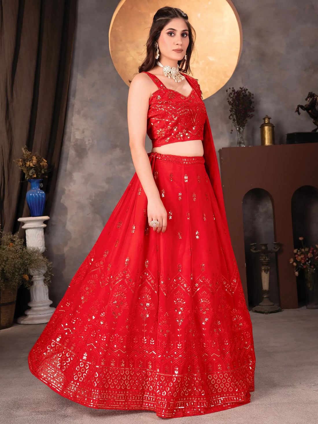 Awesome Red Sequins Georgette Wedding Lehenga Choli With Dupatta - Zeel Clothing