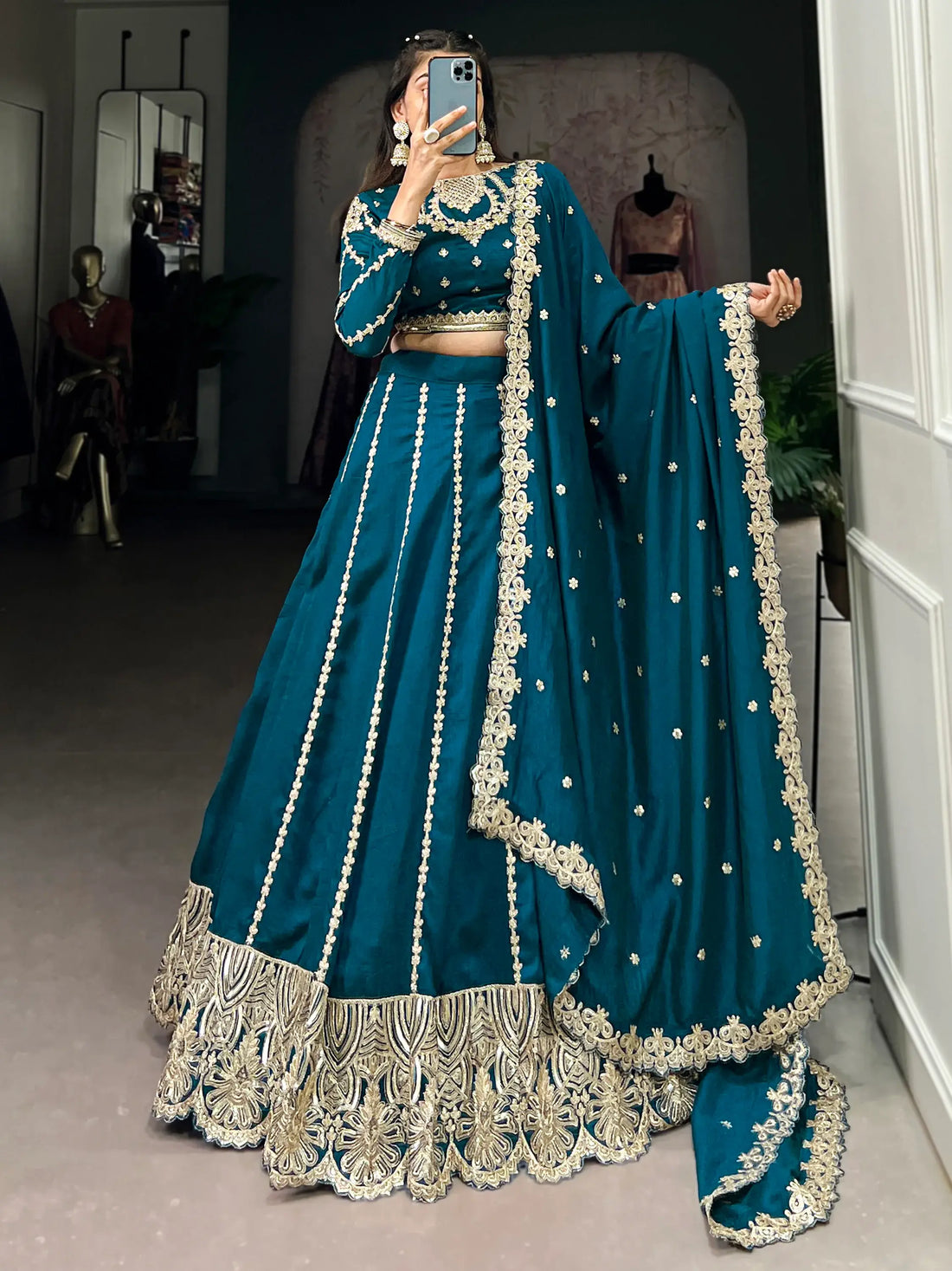 Awesome Teal Blue Thread Work Silk Wedding Lehenga Choli - Zeel Clothing