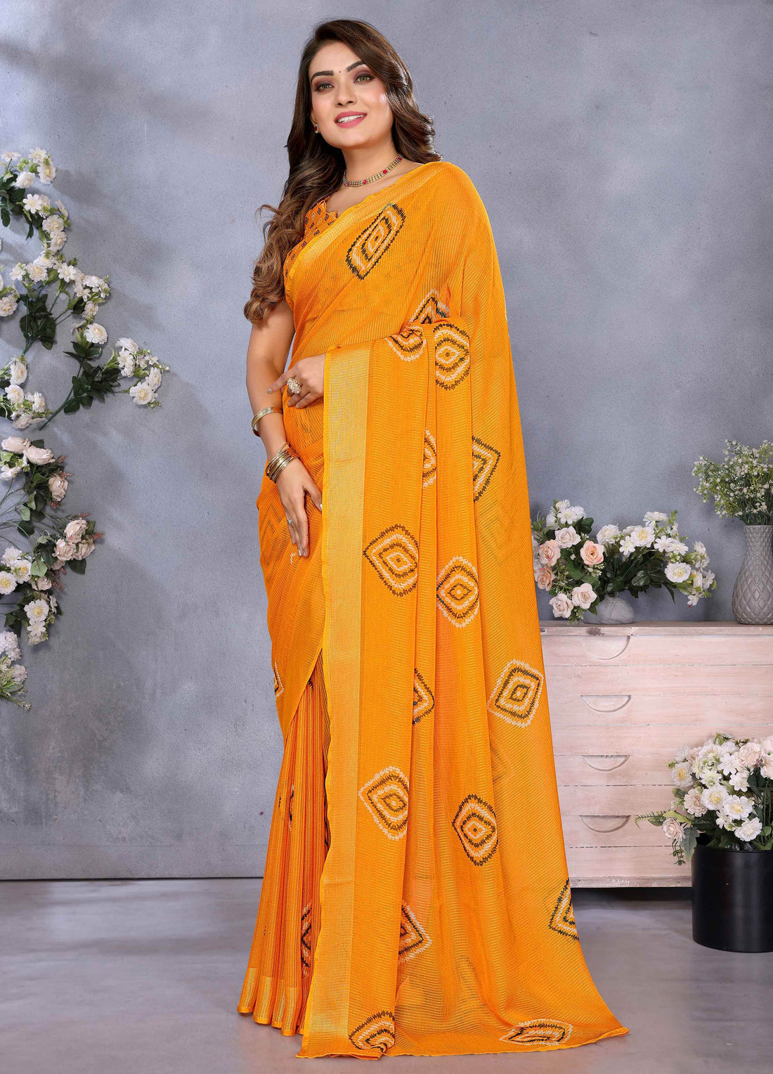 Awesome Yellow Shibori Print Chiffon Haldi Wear Saree With Blouse - Zeel Clothing