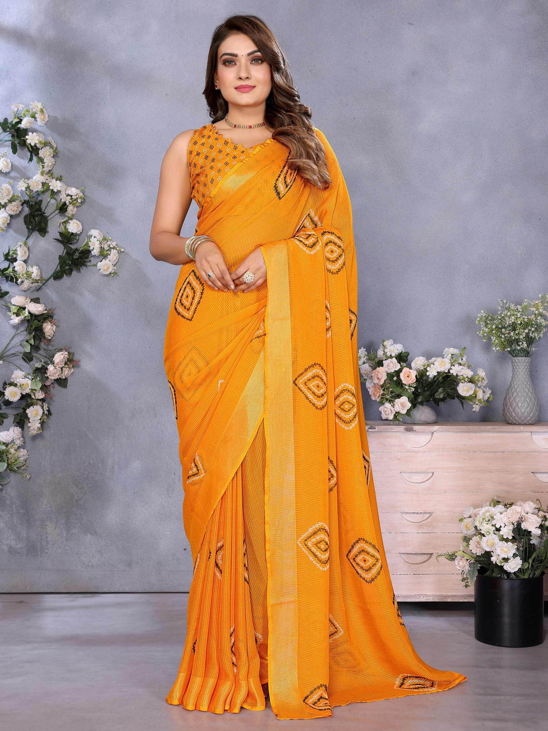 Awesome Yellow Shibori Print Chiffon Haldi Wear Saree With Blouse - Zeel Clothing