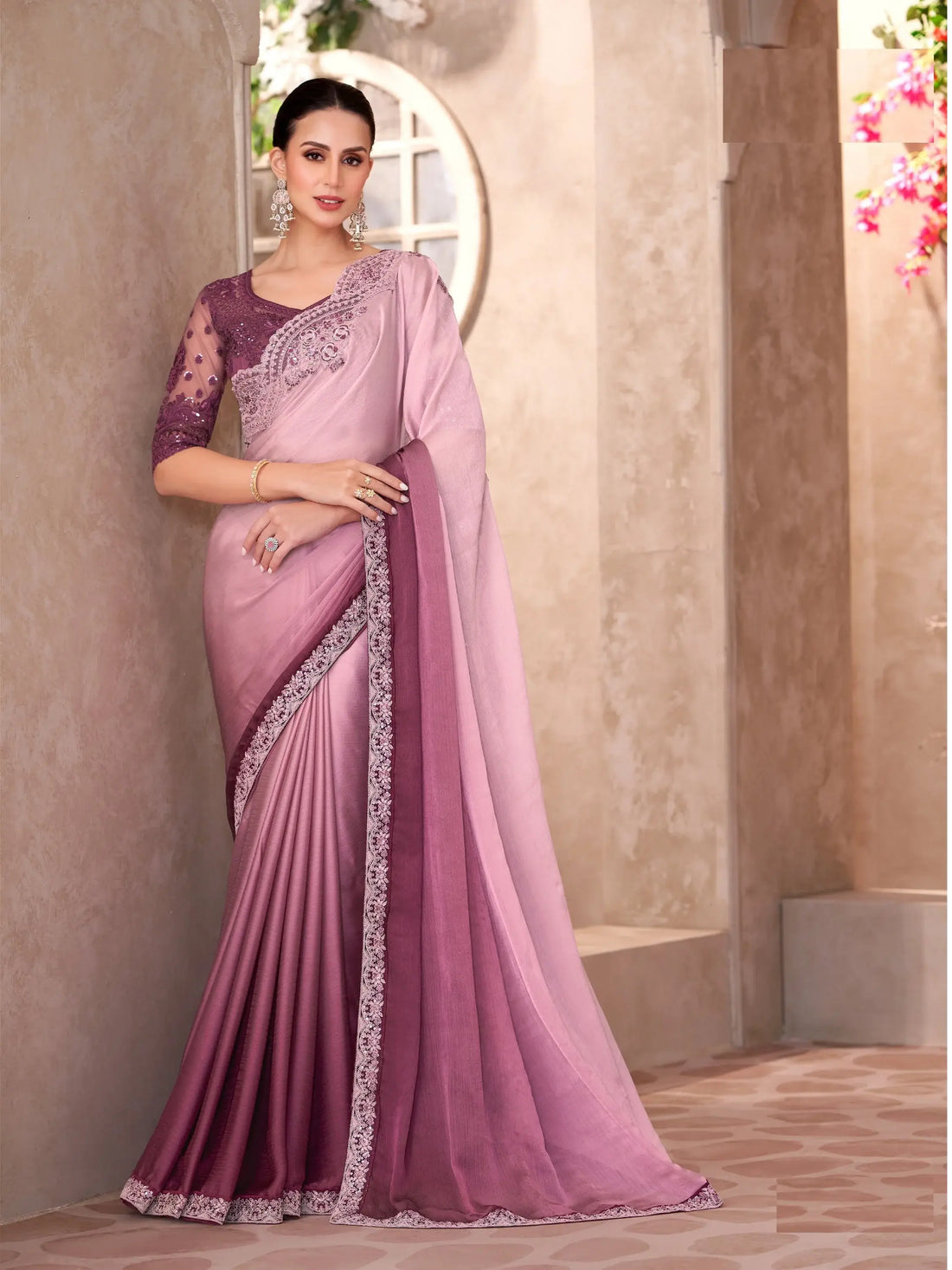 Beautiful Baby Pink Border Work Chiffon Reception Wear Saree With Blouse - Zeel Clothing