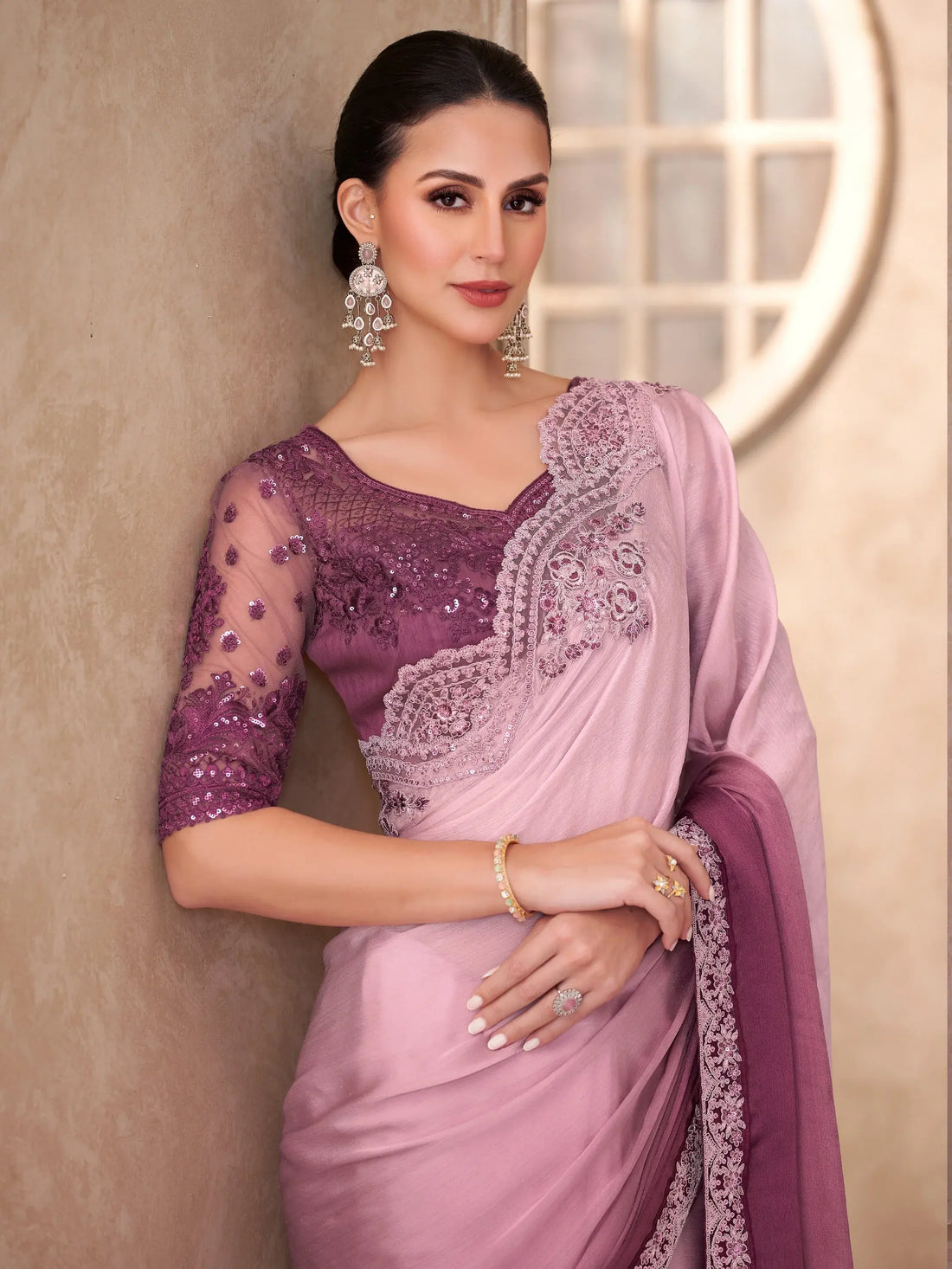 Beautiful Baby Pink Border Work Chiffon Reception Wear Saree With Blouse - Zeel Clothing