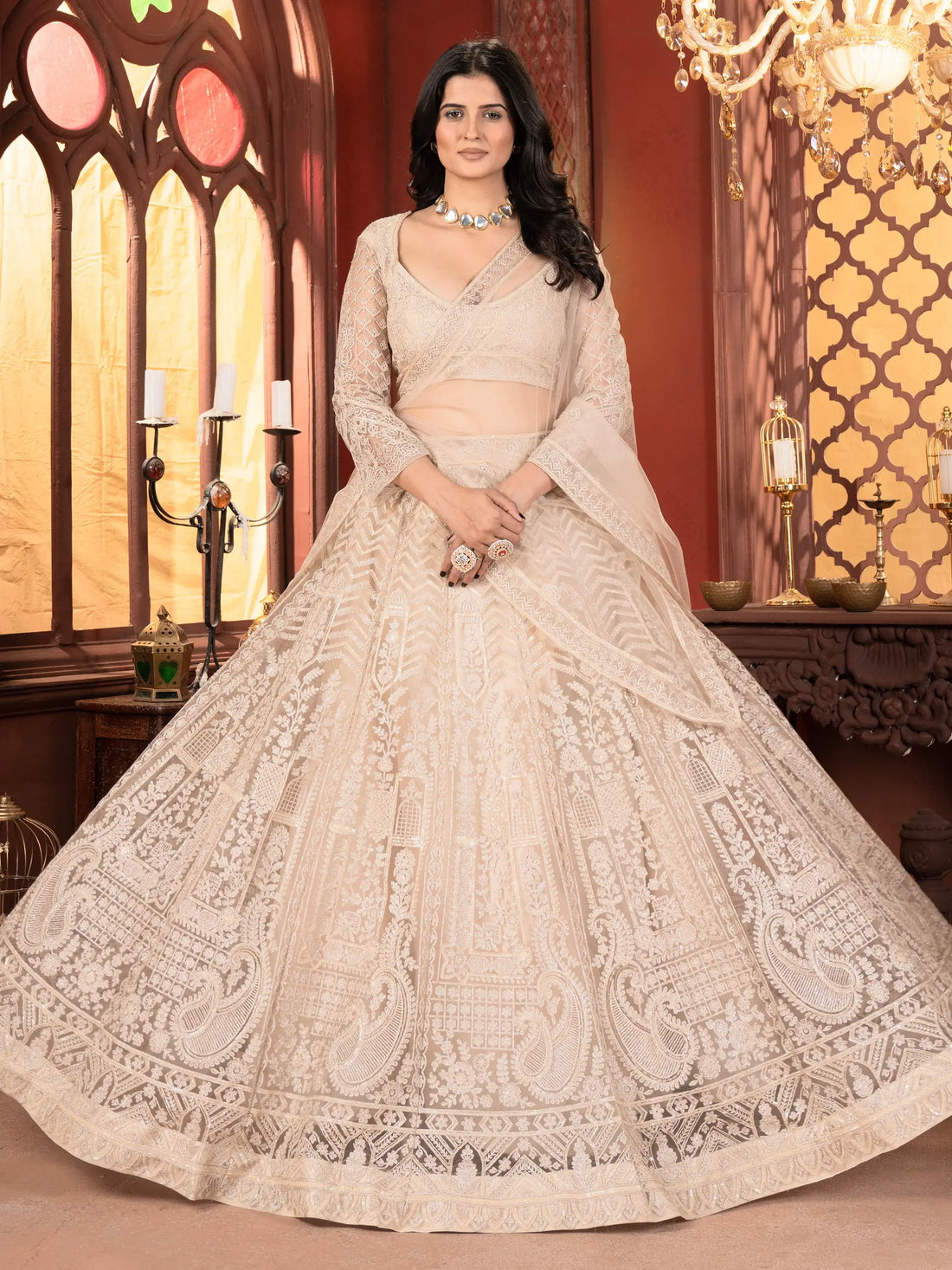 Beautiful Beige Thread Work Net Bridesmaid Lehenga Choli With Dupatta - Zeel Clothing