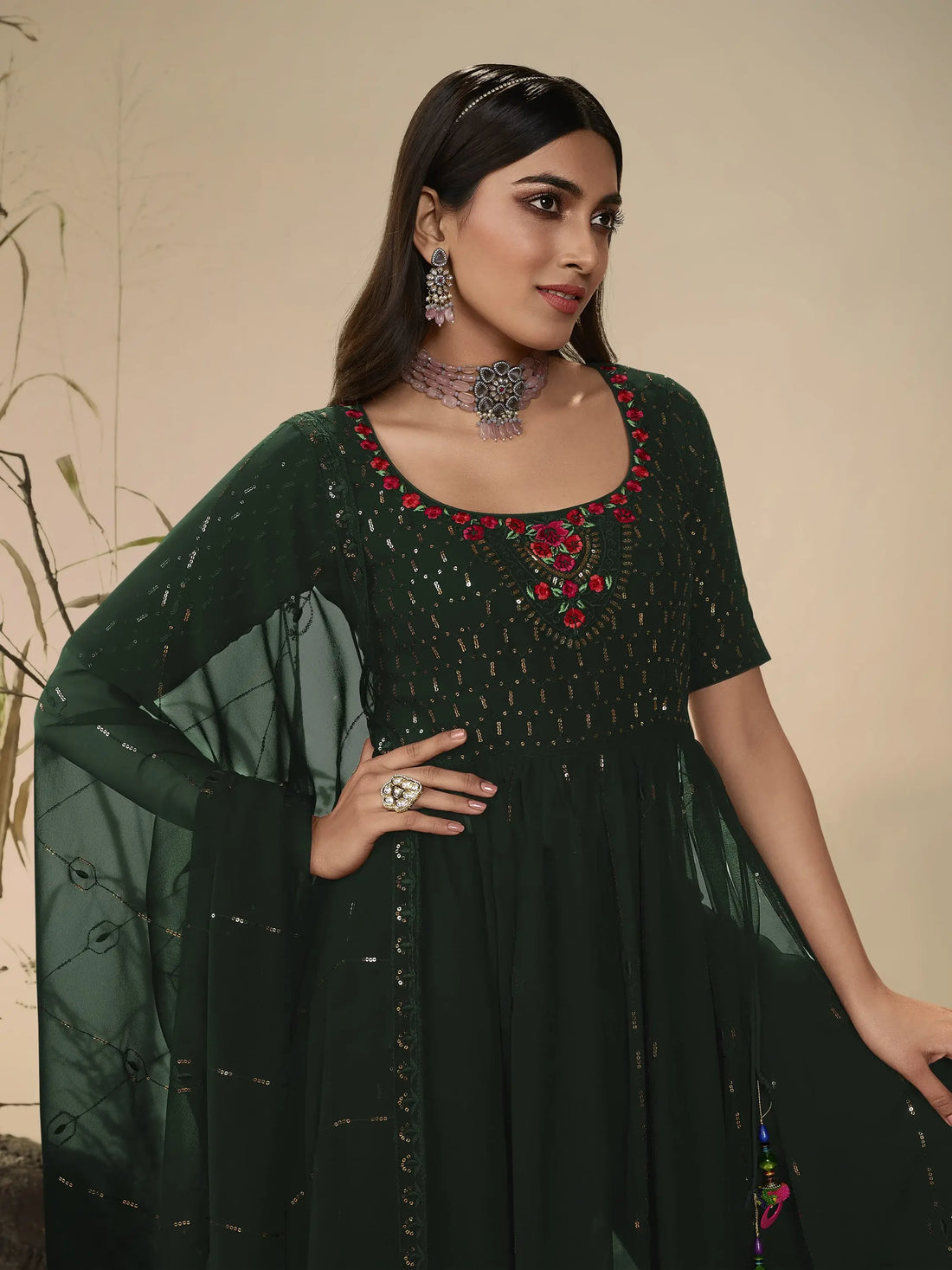 Beautiful Green Sequins Georgette Ready-Made Palazzo Suit - Zeel Clothing