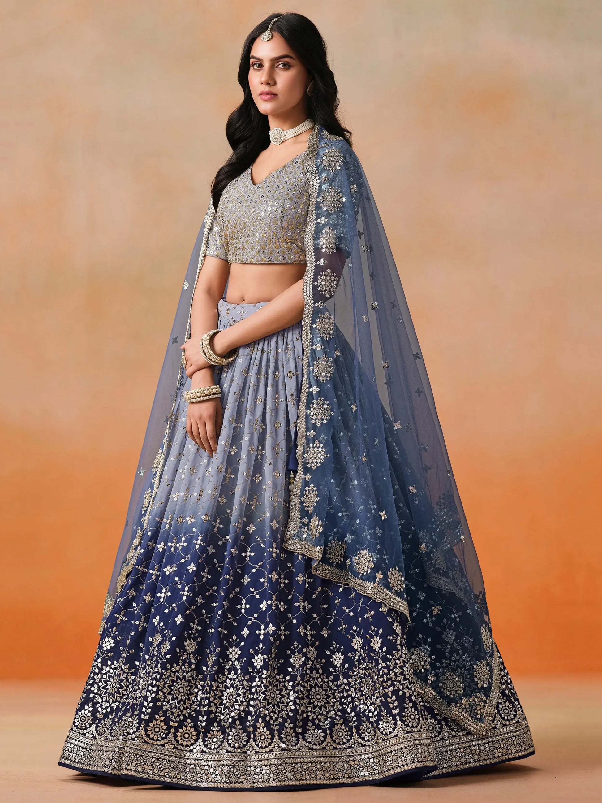 Beautiful Navy Blue Georgette Designer Lehenga Choli With Dupatta - Zeel Clothing