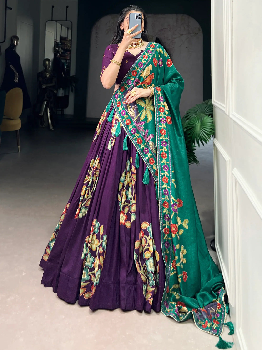 Beautiful Purple Foil Printed Tussar Silk Traditional Lehenga Choli - Zeel Clothing