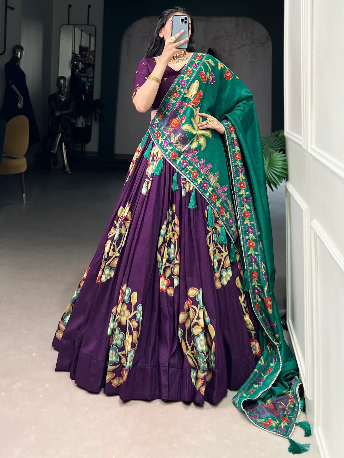 Beautiful Purple Foil Printed Tussar Silk Traditional Lehenga Choli - Zeel Clothing