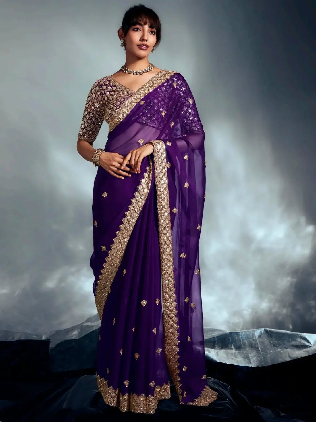 Beautiful Purple Heavy Embroidered Organza Designer Saree - Zeel Clothing