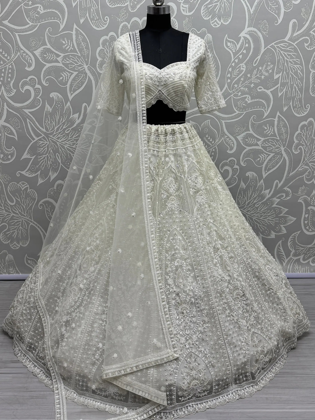Beautiful White Thread Work Net Bridesmaid Lehenga Choli With Dupatta - Zeel Clothing