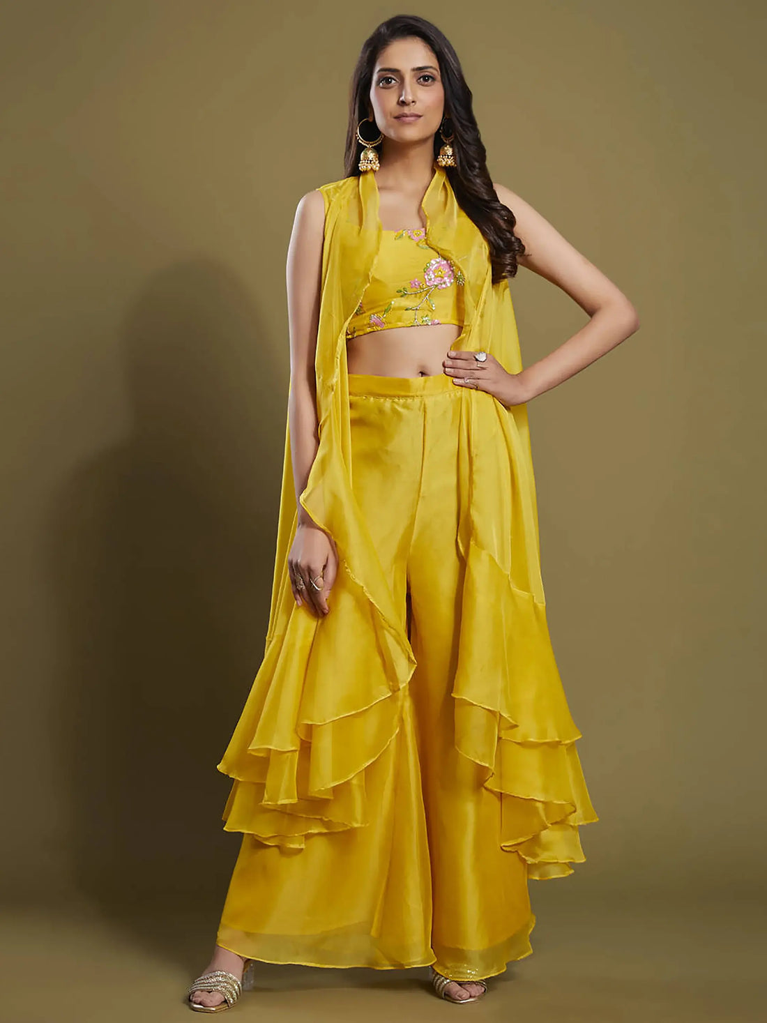 Beautiful Yellow Sequins Organza Palazzo Jacket with Blouse - Zeel Clothing