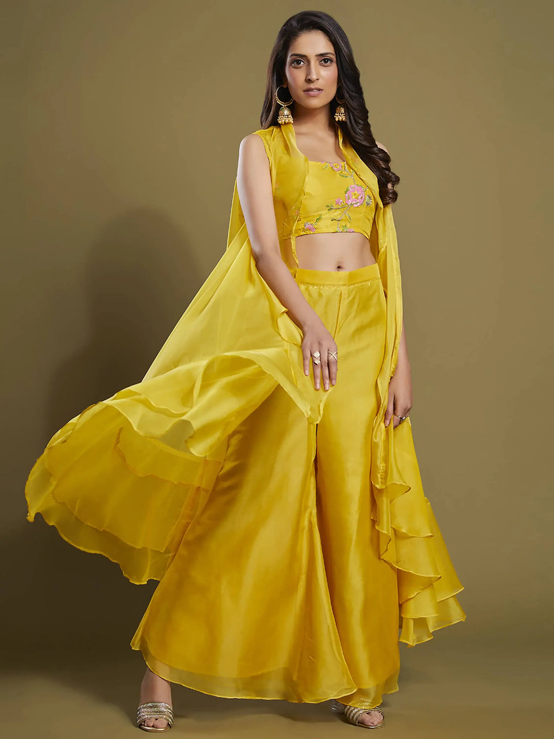 Beautiful Yellow Sequins Organza Palazzo Jacket with Blouse - Zeel Clothing