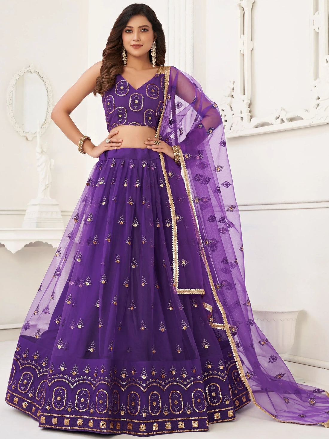 Bewitching Purple Sequins Net Sangeet Wear Lehenga Choli - Zeel Clothing