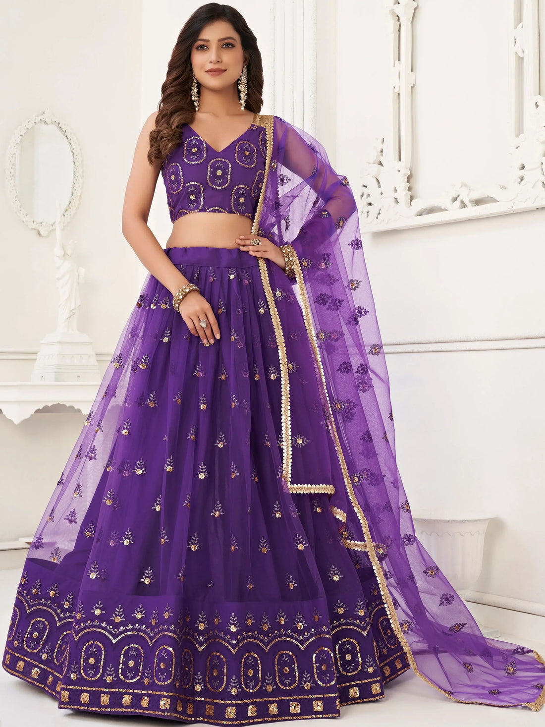Bewitching Purple Sequins Net Sangeet Wear Lehenga Choli - Zeel Clothing
