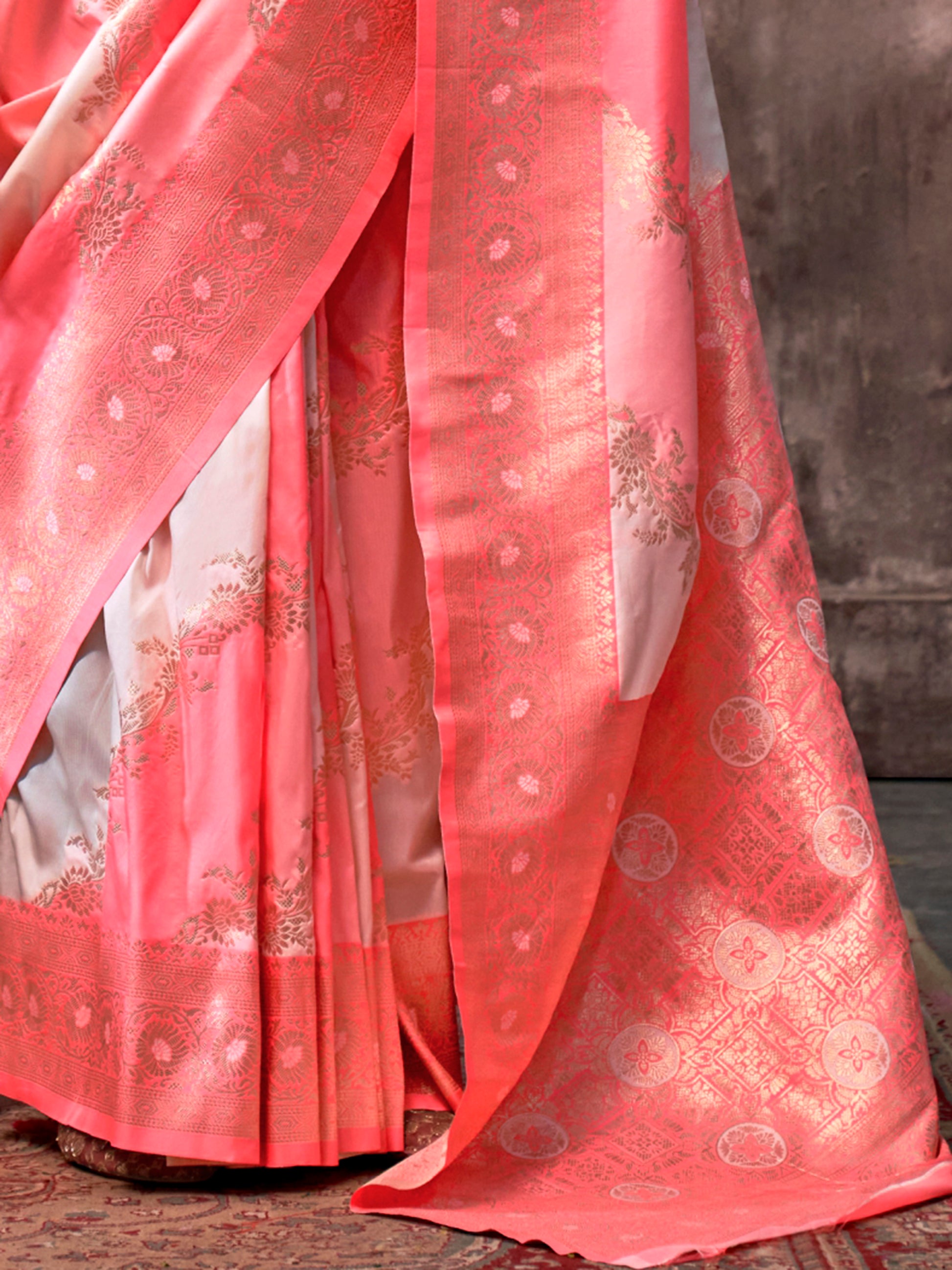 Incredible Peach & White Zari Weaving Silk Saree With Blouse
