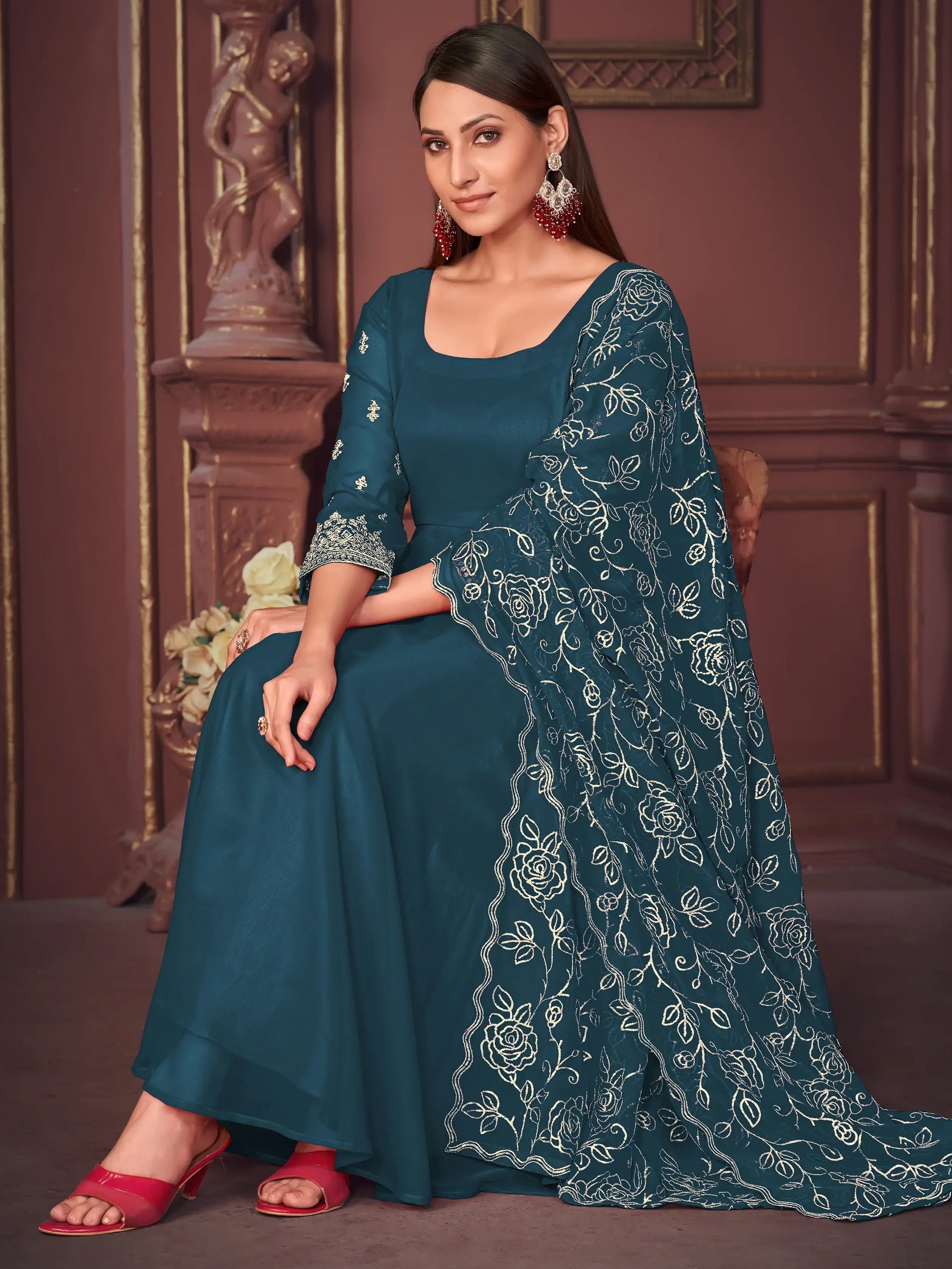 Captivating Blue Embroidered Georgette Anarkali Suit With Dupatta - Zeel Clothing