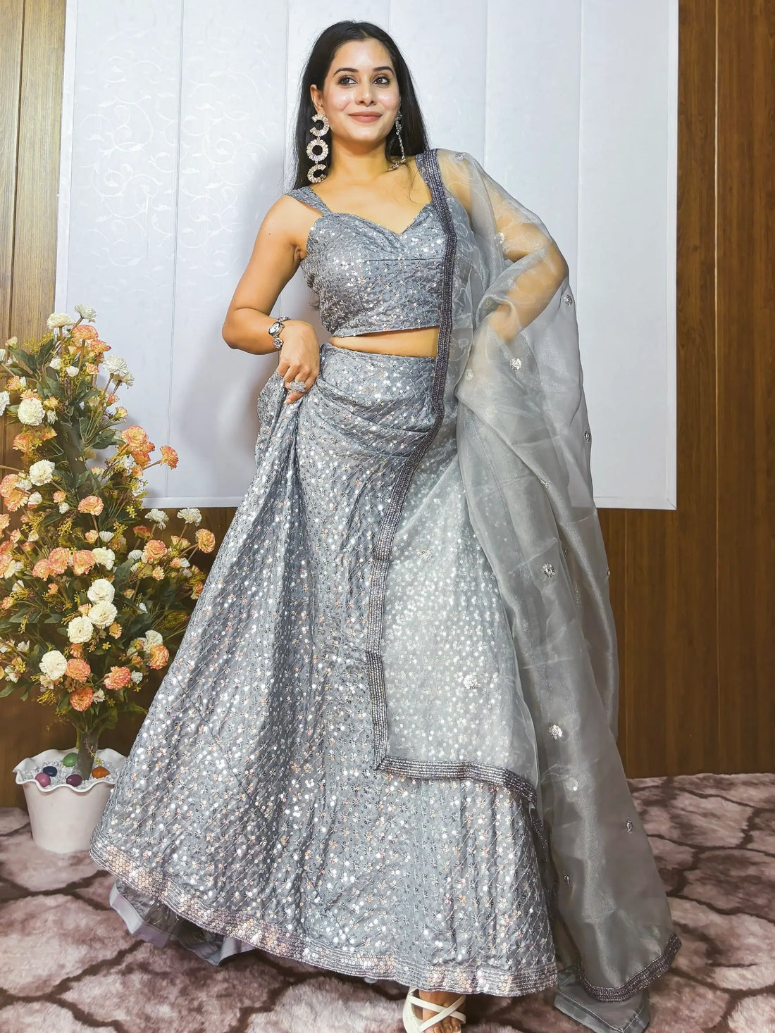Captivating Grey Sequins Silk Party Wear Lehenga Choli With Dupatta - Zeel Clothing