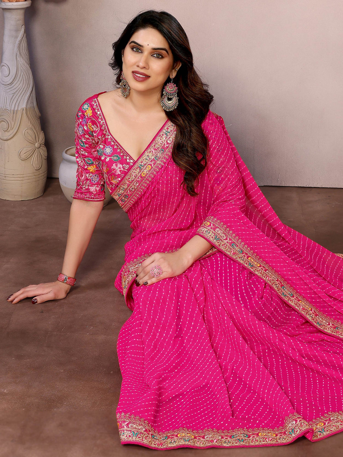 Captivating Hot Pink Leheriya Print Georgette Festive Wear Saree With Blouse - Zeel Clothing
