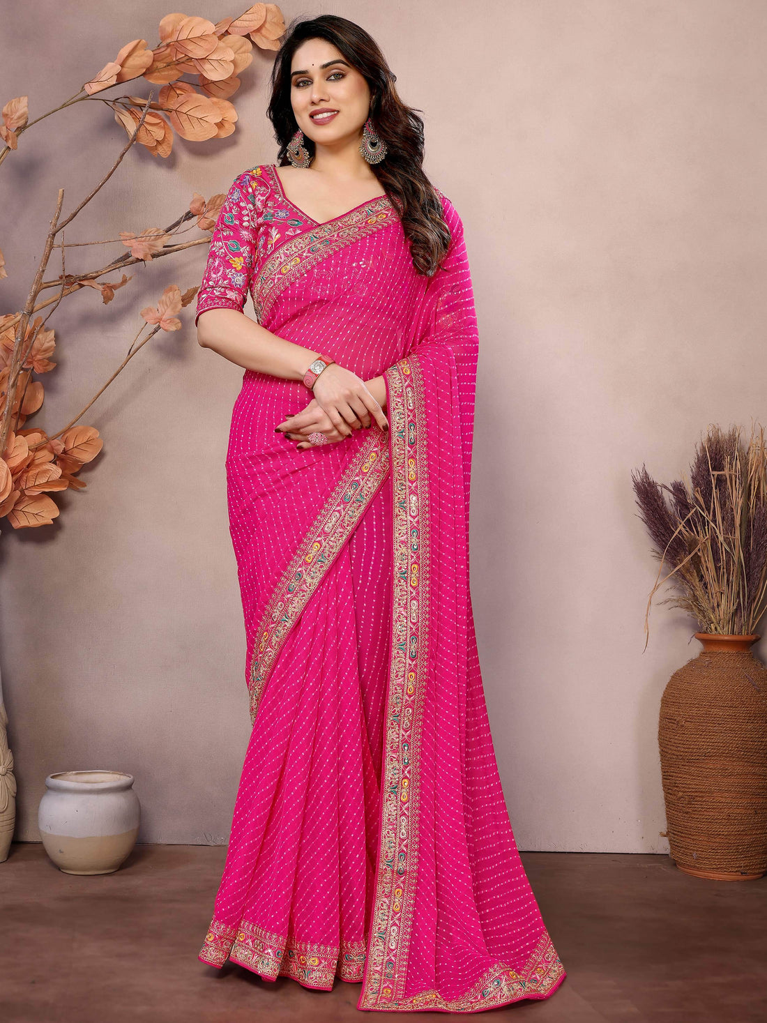 Captivating Hot Pink Leheriya Print Georgette Festive Wear Saree With Blouse - Zeel Clothing